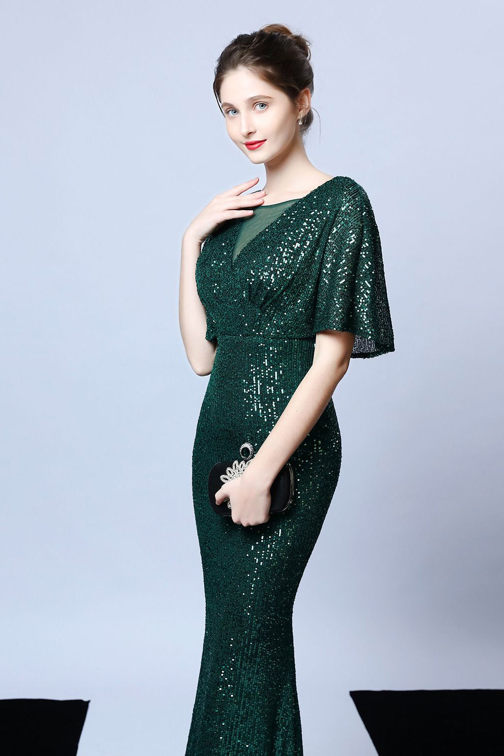 Mermaid V Neck Dark Green Sequins Long Ball Dress with Short Sleeves