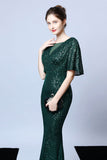 Mermaid V Neck Dark Green Sequins Long Ball Dress with Short Sleeves