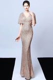 Mermaid V Neck Dark Green Sequins Long Ball Dress with Short Sleeves