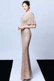 Mermaid V Neck Dark Green Sequins Long Ball Dress with Short Sleeves