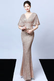 Mermaid V Neck Dark Green Sequins Long Ball Dress with Short Sleeves