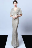 Mermaid V Neck Dark Green Sequins Long Ball Dress with Short Sleeves