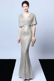 Mermaid V Neck Dark Green Sequins Long Ball Dress with Short Sleeves