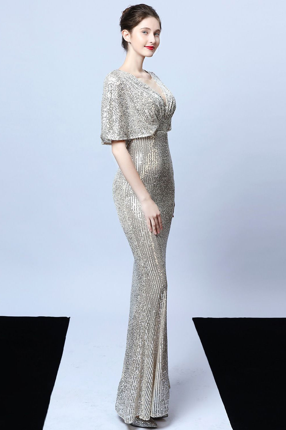 Mermaid V Neck Dark Green Sequins Long Ball Dress with Short Sleeves