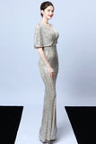 Mermaid V Neck Dark Green Sequins Long Ball Dress with Short Sleeves