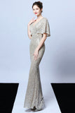 Mermaid V Neck Dark Green Sequins Long Ball Dress with Short Sleeves