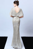 Mermaid V Neck Dark Green Sequins Long Ball Dress with Short Sleeves