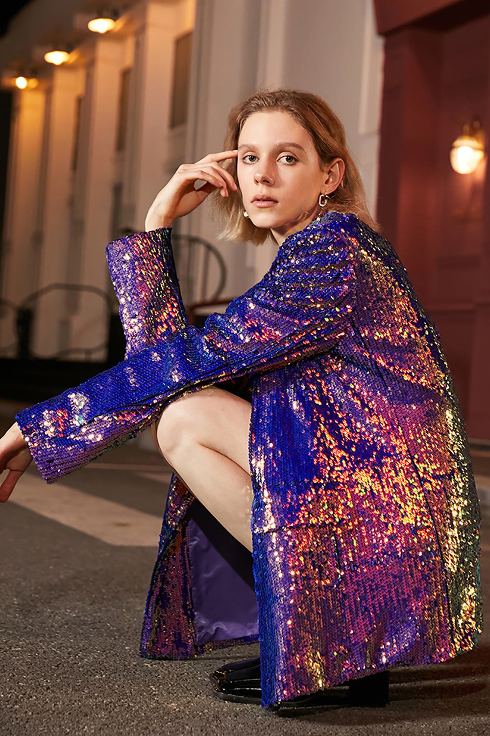 Sparkly Purple Sequins Oversized Longline Ball Blazer For Women