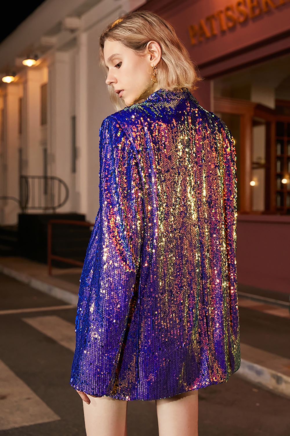 Sparkly Purple Sequins Oversized Longline Ball Blazer For Women