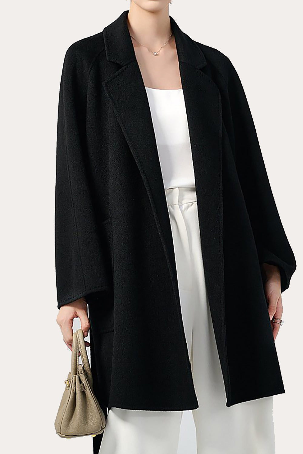 Notched Lapel Black Midi Women Wool Coat with Belt