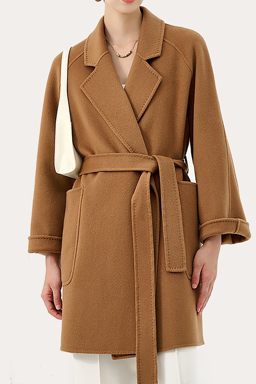 Notched Lapel Black Midi Women Wool Coat with Belt