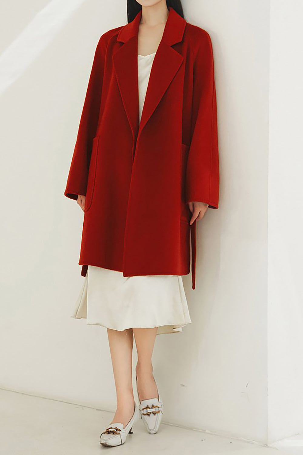 Notched Lapel Black Midi Women Wool Coat with Belt