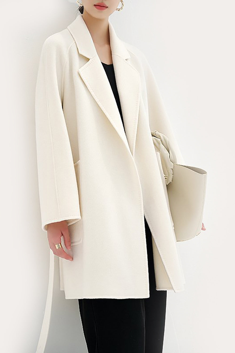Notched Lapel Black Midi Women Wool Coat with Belt