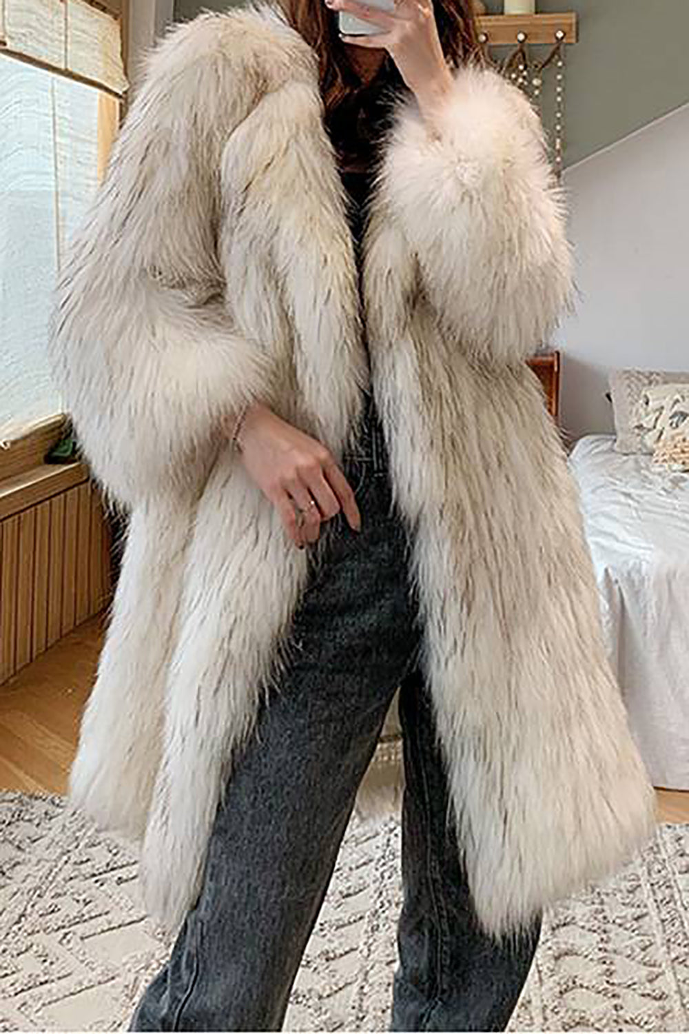 White Open Front Fluffy Long Shearling Faux Fur Coat White S