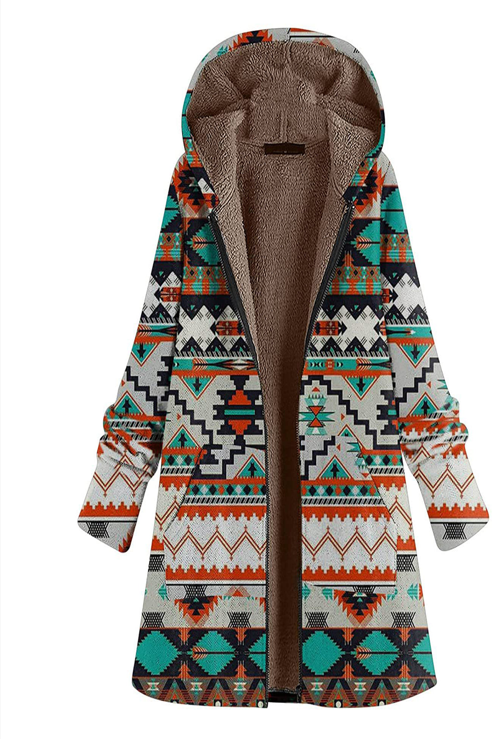 Navy Fleece Hooded Long Sleeves Printed Women Christmas Coat