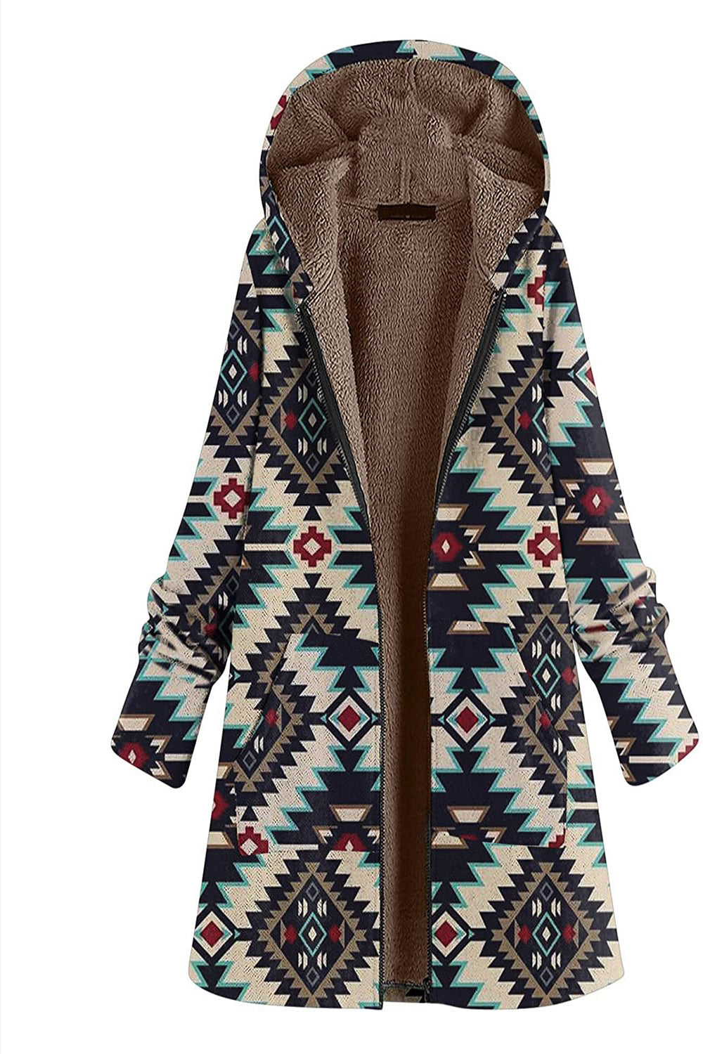 Navy Fleece Hooded Long Sleeves Printed Women Christmas Coat