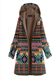 Navy Fleece Hooded Long Sleeves Printed Women Christmas Coat