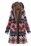 Navy Fleece Hooded Long Sleeves Printed Women Christmas Coat