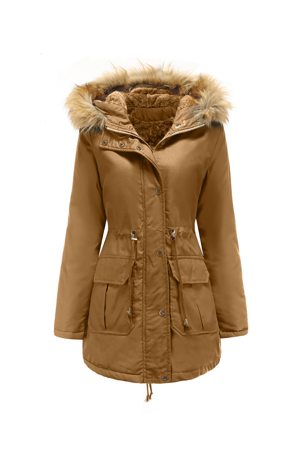 Army Green Fur Collar Drawstring Waist Thickened Mid Coat