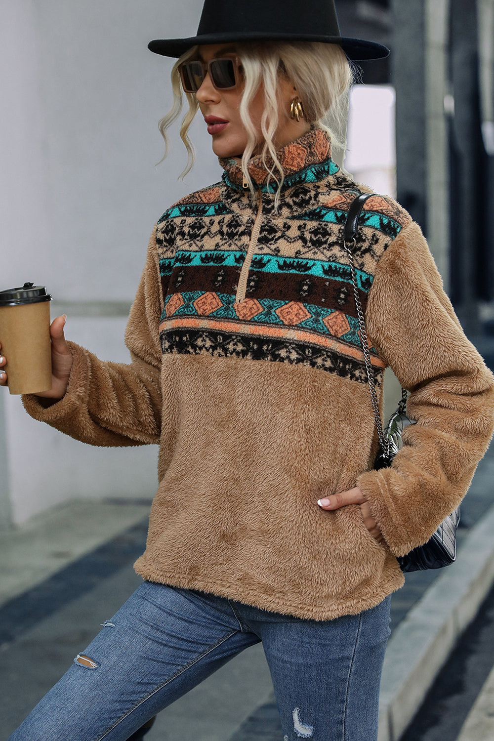 Burgundy Printed Stand Collar Pull Over Fleece Tops