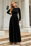 A Line Jewel Neck Black Velvet Holiday Party Dress With Long Sleeves