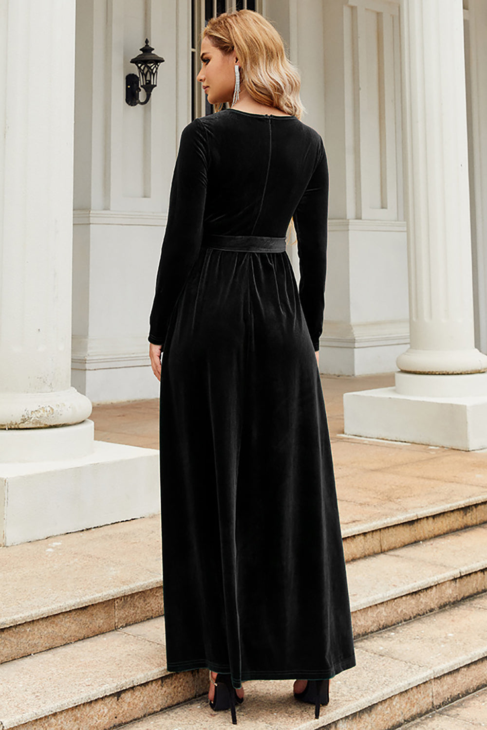 A Line Jewel Neck Black Velvet Holiday Party Dress With Long Sleeves