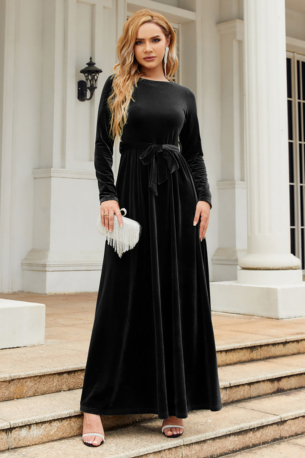 A Line Jewel Neck Black Velvet Holiday Party Dress With Long Sleeves