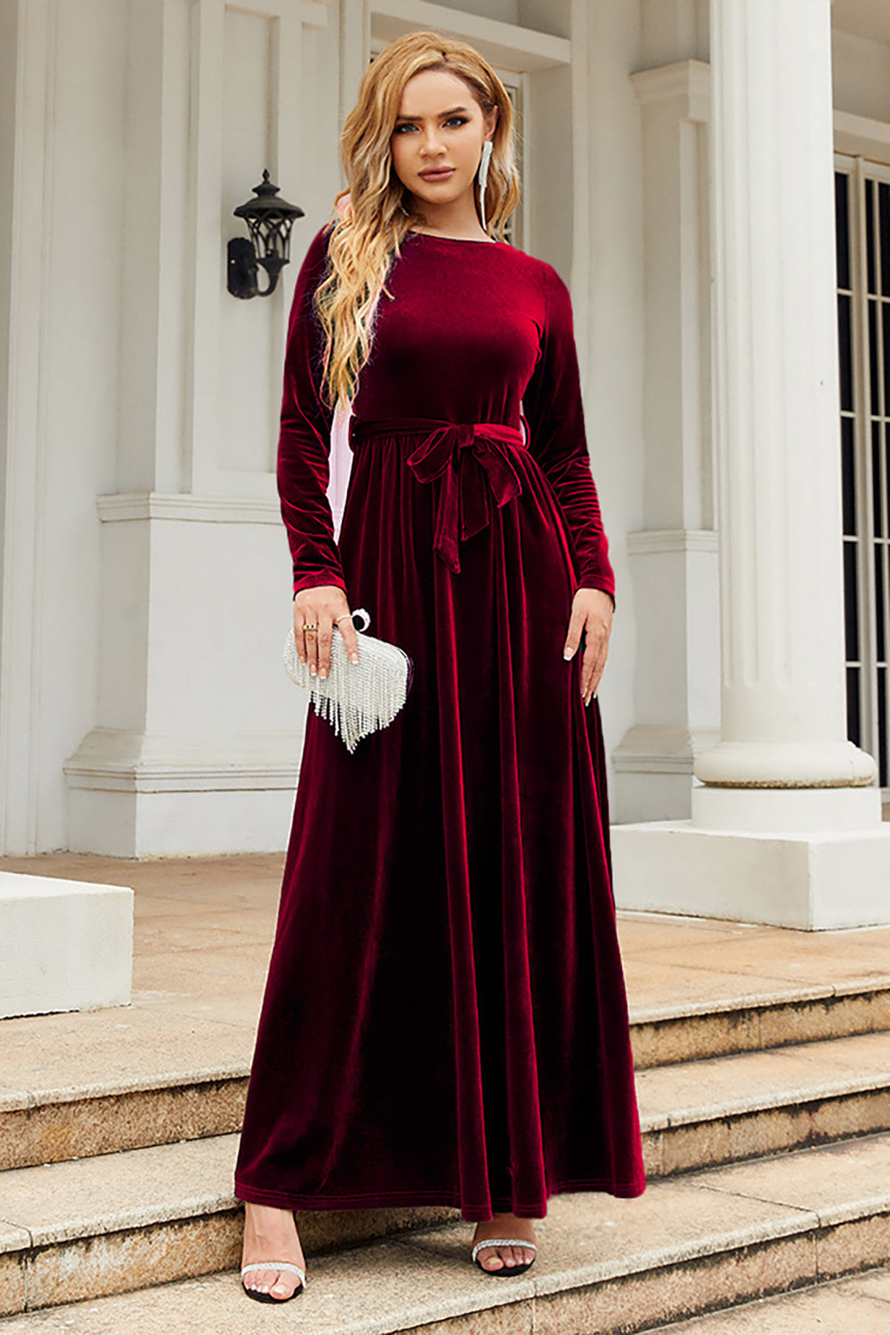 A Line Jewel Neck Black Velvet Holiday Party Dress With Long Sleeves