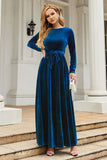 A Line Jewel Neck Black Velvet Holiday Party Dress With Long Sleeves