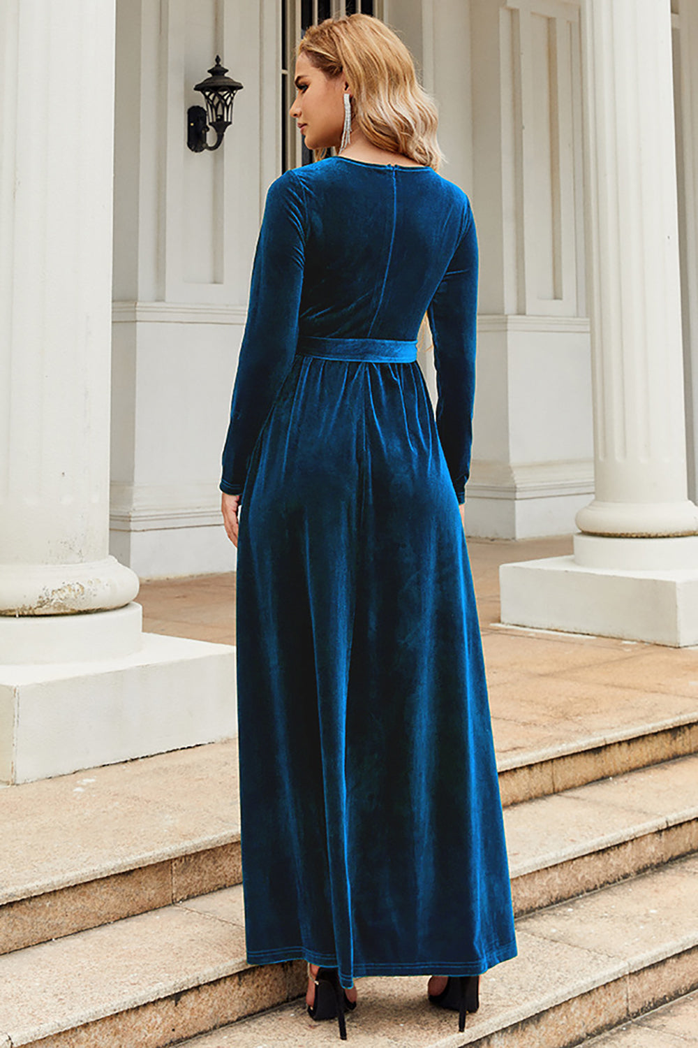 A Line Jewel Neck Black Velvet Holiday Party Dress With Long Sleeves