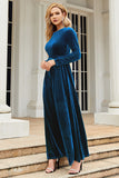 A Line Jewel Neck Black Velvet Holiday Party Dress With Long Sleeves