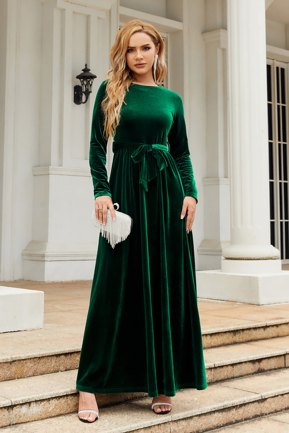 A Line Jewel Neck Black Velvet Holiday Party Dress With Long Sleeves