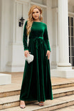 A Line Jewel Neck Black Velvet Holiday Party Dress With Long Sleeves