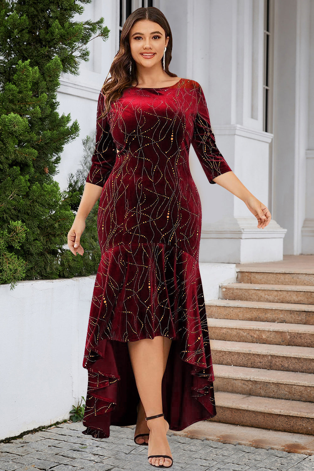 Black A Line Bateau Neck Velvet Plus Size Holiday Party Dress
