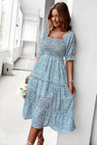 Green Square Neck Floral Printed Summer Dress