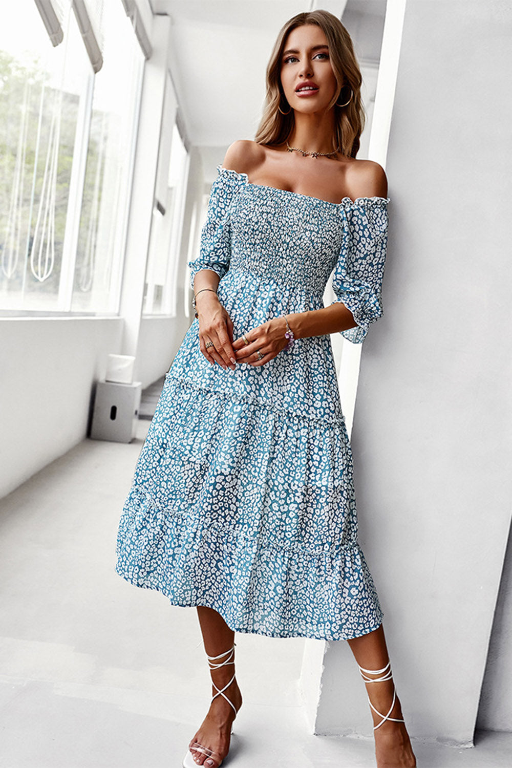 Green Square Neck Floral Printed Summer Dress