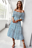 Green Square Neck Floral Printed Summer Dress