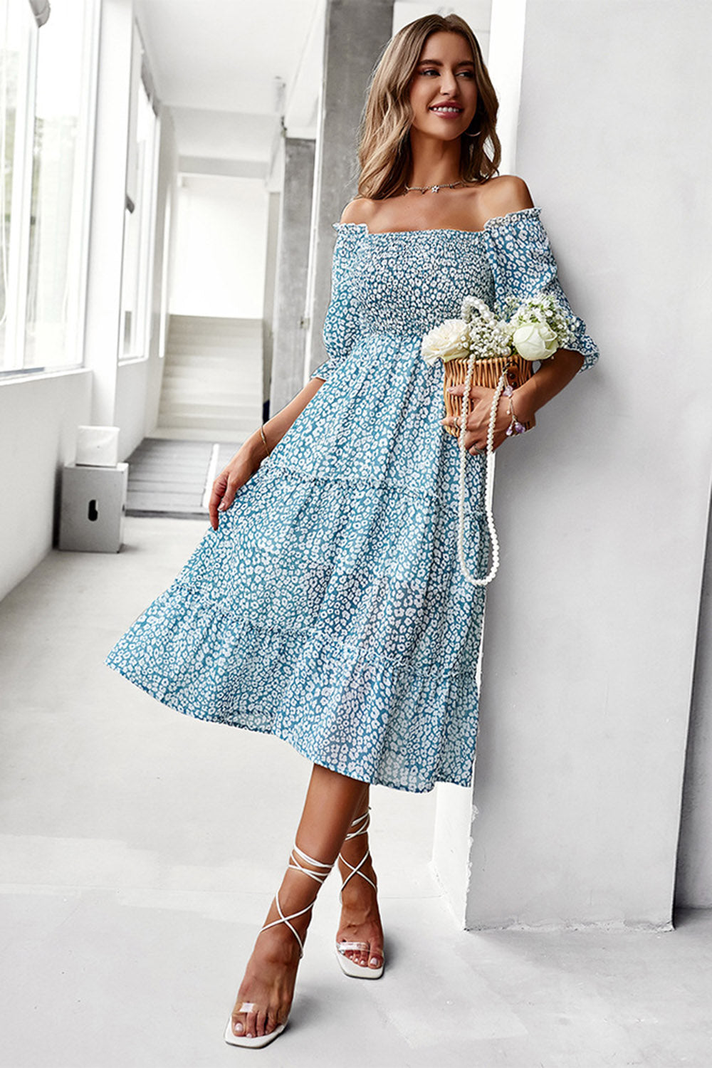 Green Square Neck Floral Printed Summer Dress