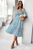 Green Square Neck Floral Printed Summer Dress
