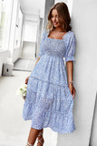 Green Square Neck Floral Printed Summer Dress