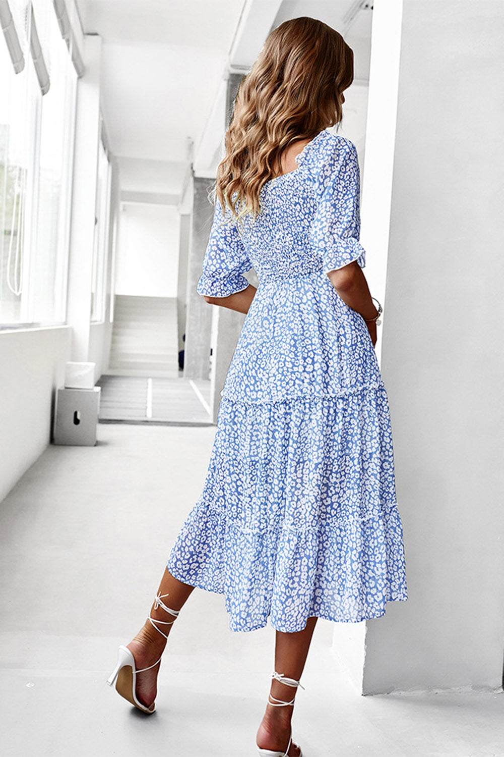 Green Square Neck Floral Printed Summer Dress