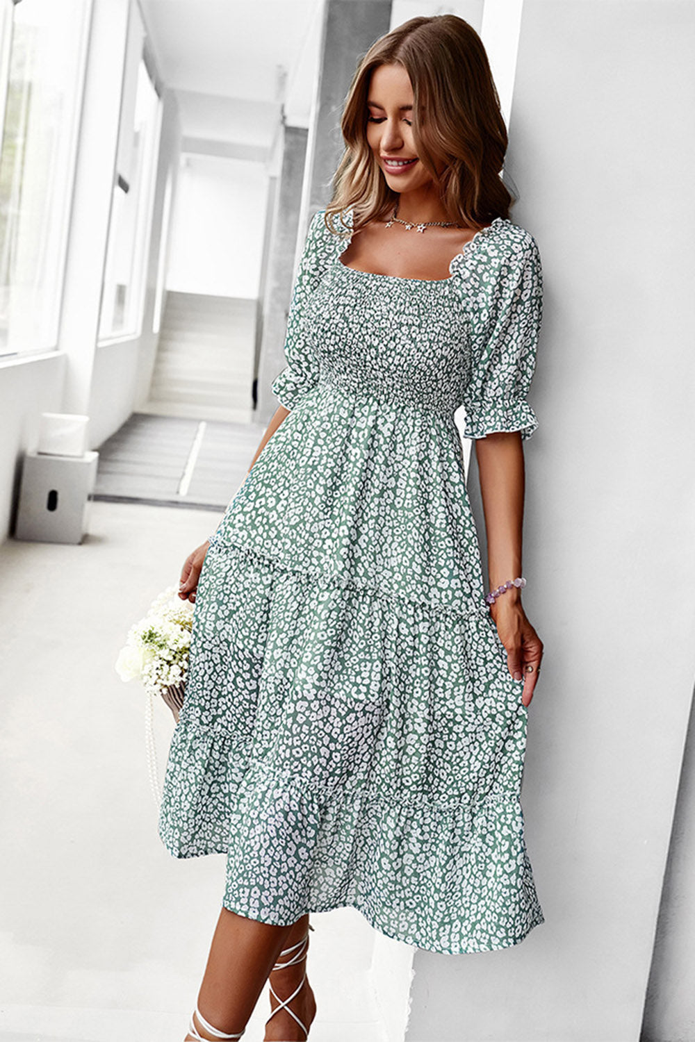 Green Square Neck Floral Printed Summer Dress