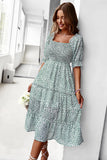 Green Square Neck Floral Printed Summer Dress