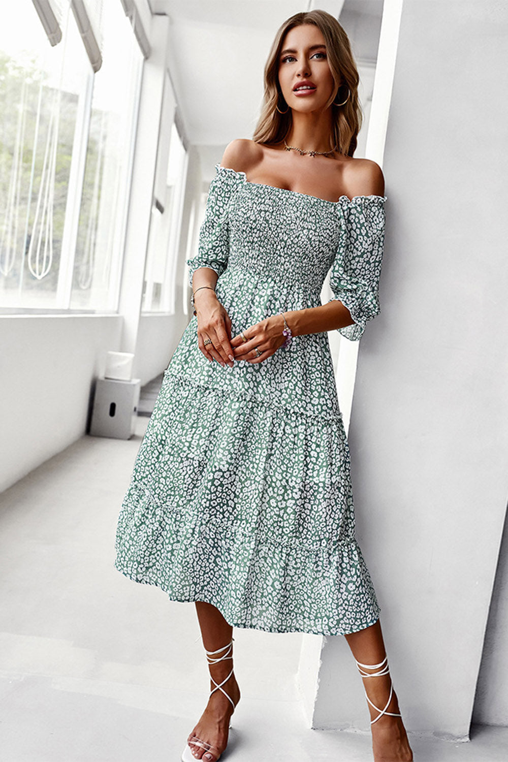 Green Square Neck Floral Printed Summer Dress