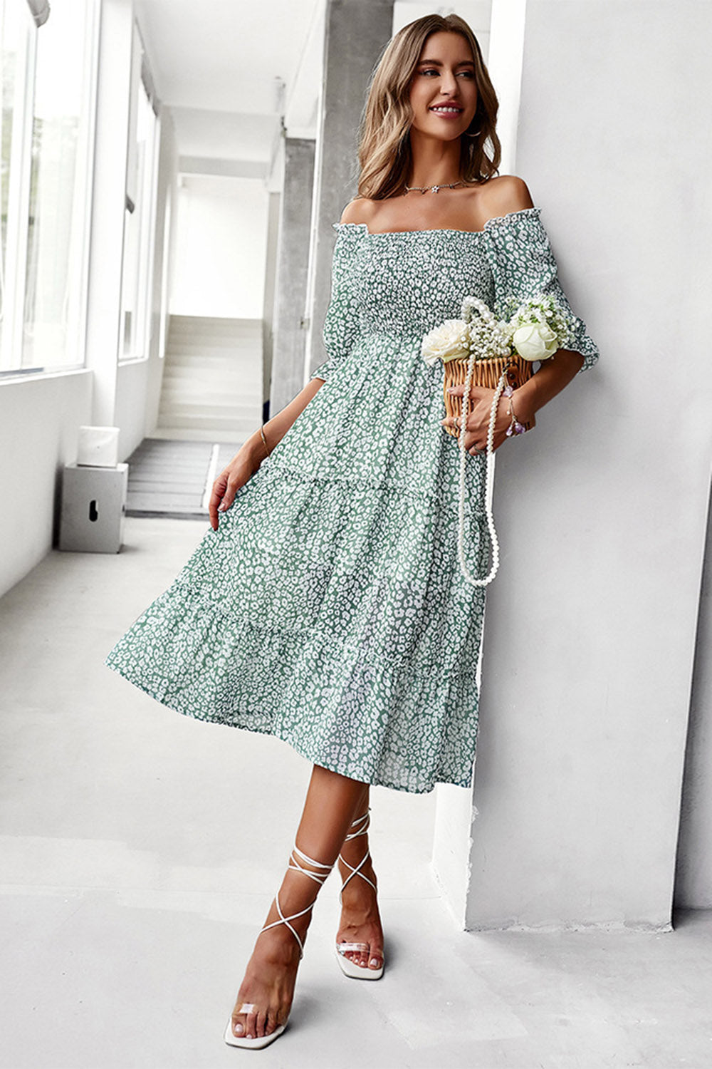 Green Square Neck Floral Printed Summer Dress