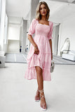 Green Square Neck Floral Printed Summer Dress