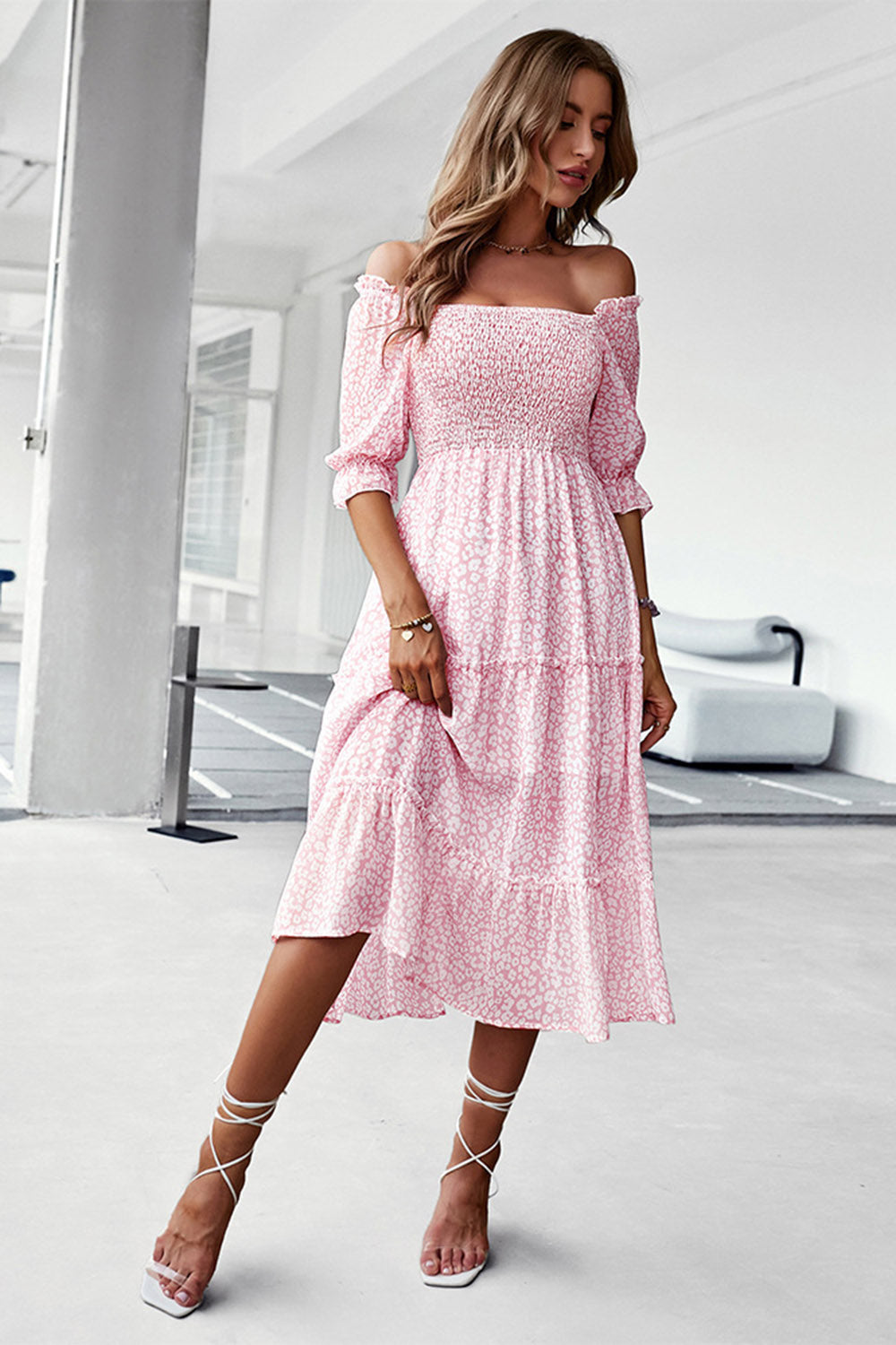 Green Square Neck Floral Printed Summer Dress