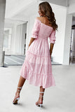 Green Square Neck Floral Printed Summer Dress