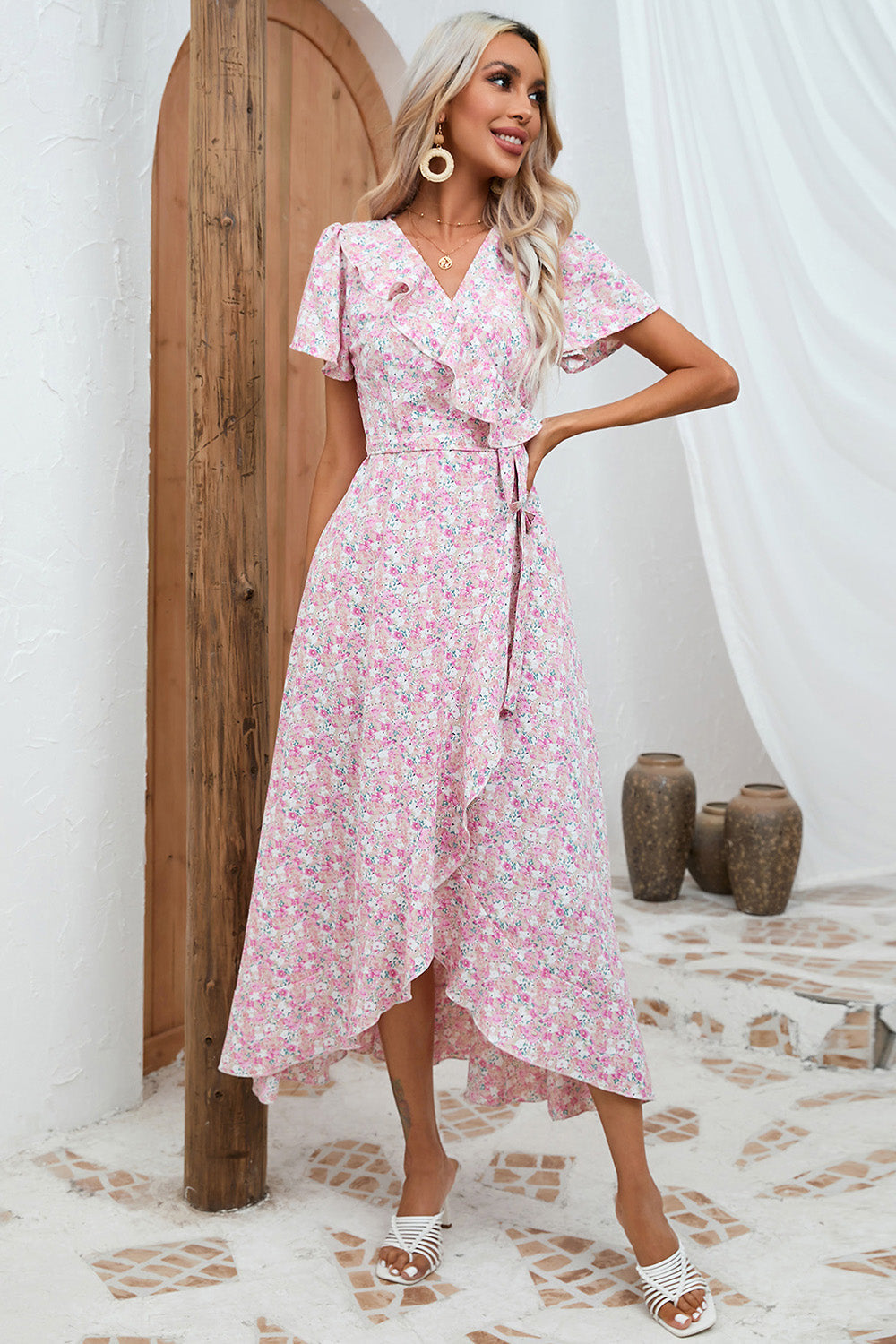 Pink Floral Maxi Wrap Summer Dress