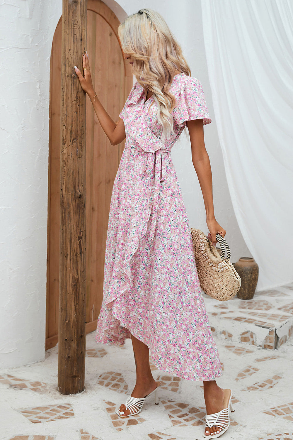 Pink Floral Maxi Wrap Summer Dress